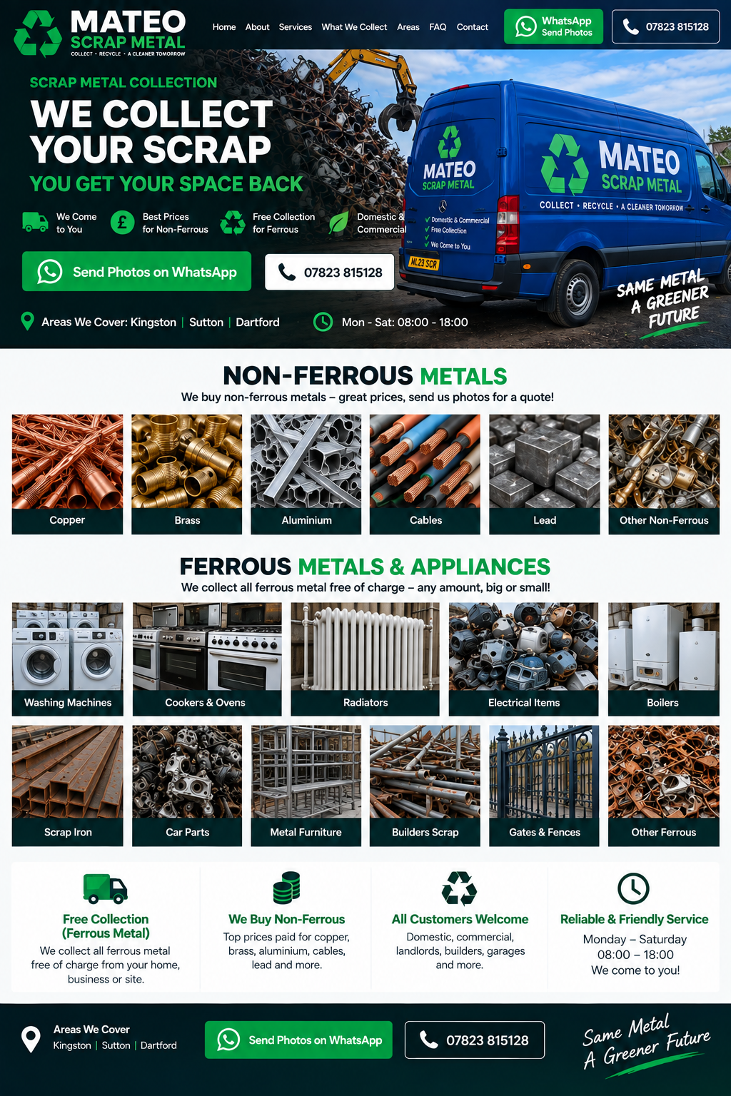 Mateo Scrap Metal website design with blue Mercedes Sprinter and scrap metal services